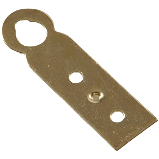 Brass finish hanger plate with three mounting holes for lightweight object hanging in hardware and storage collections