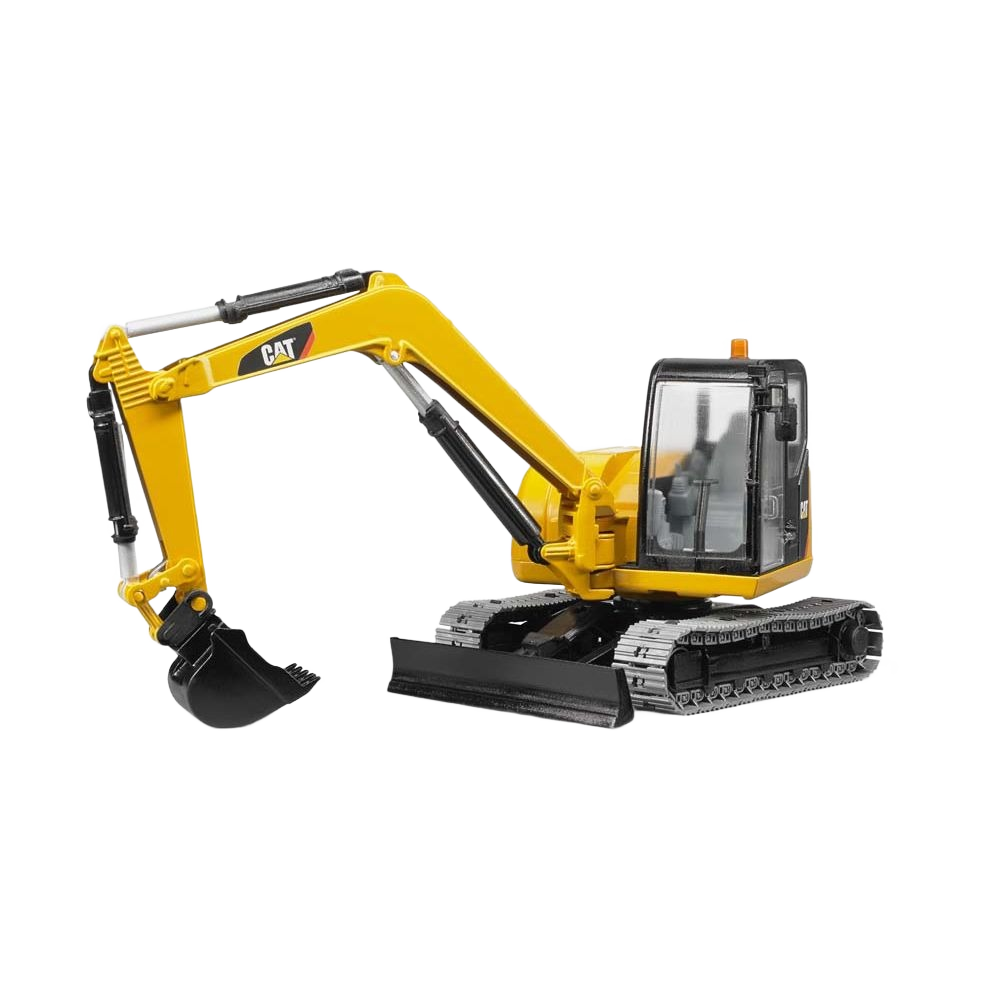 Yellow and black 1:16 scale miniature CAT excavator model with detailed cab and functional arm and bucket components