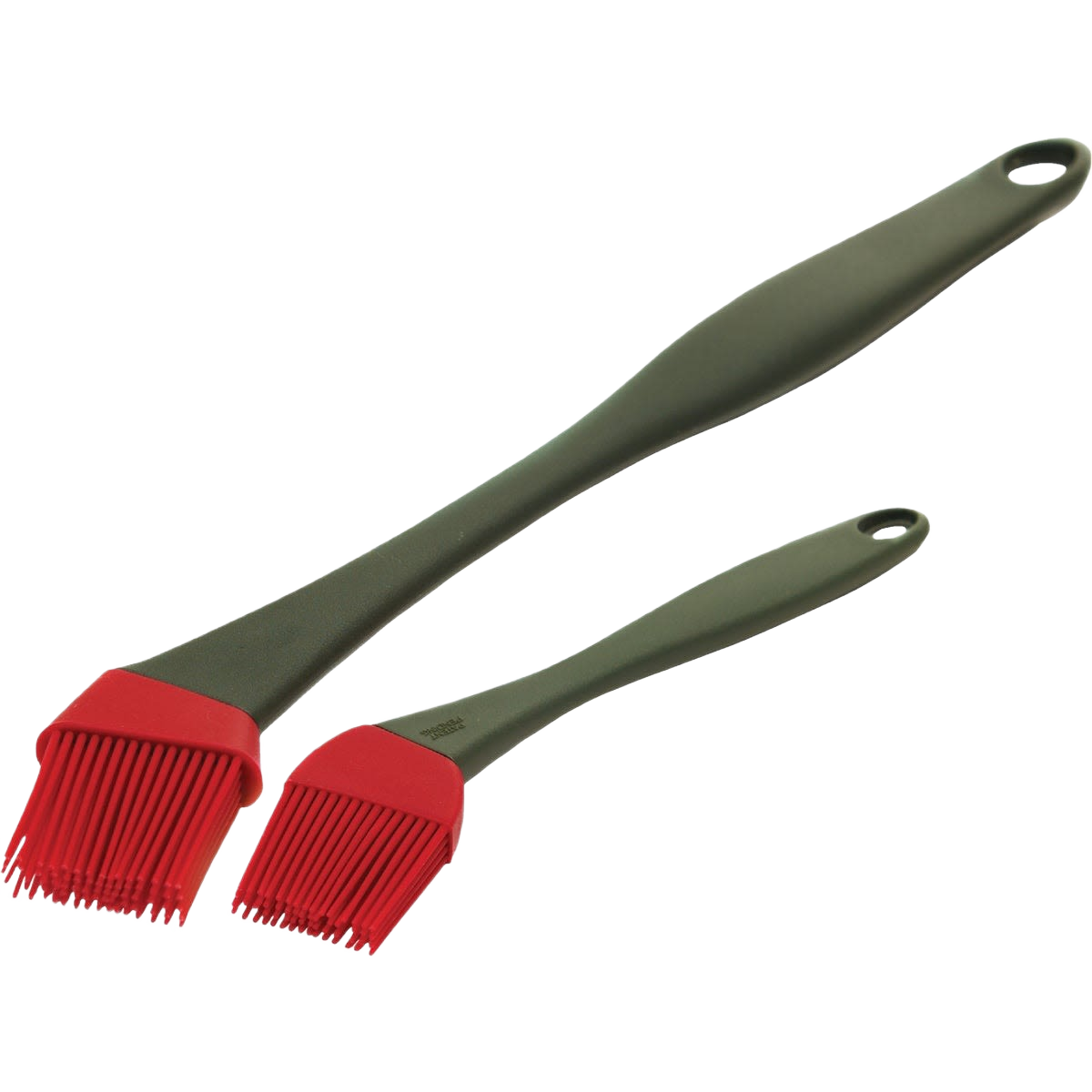 Two silicone basting brushes with long green handles and red bristles for grilling and outdoor cooking tasks