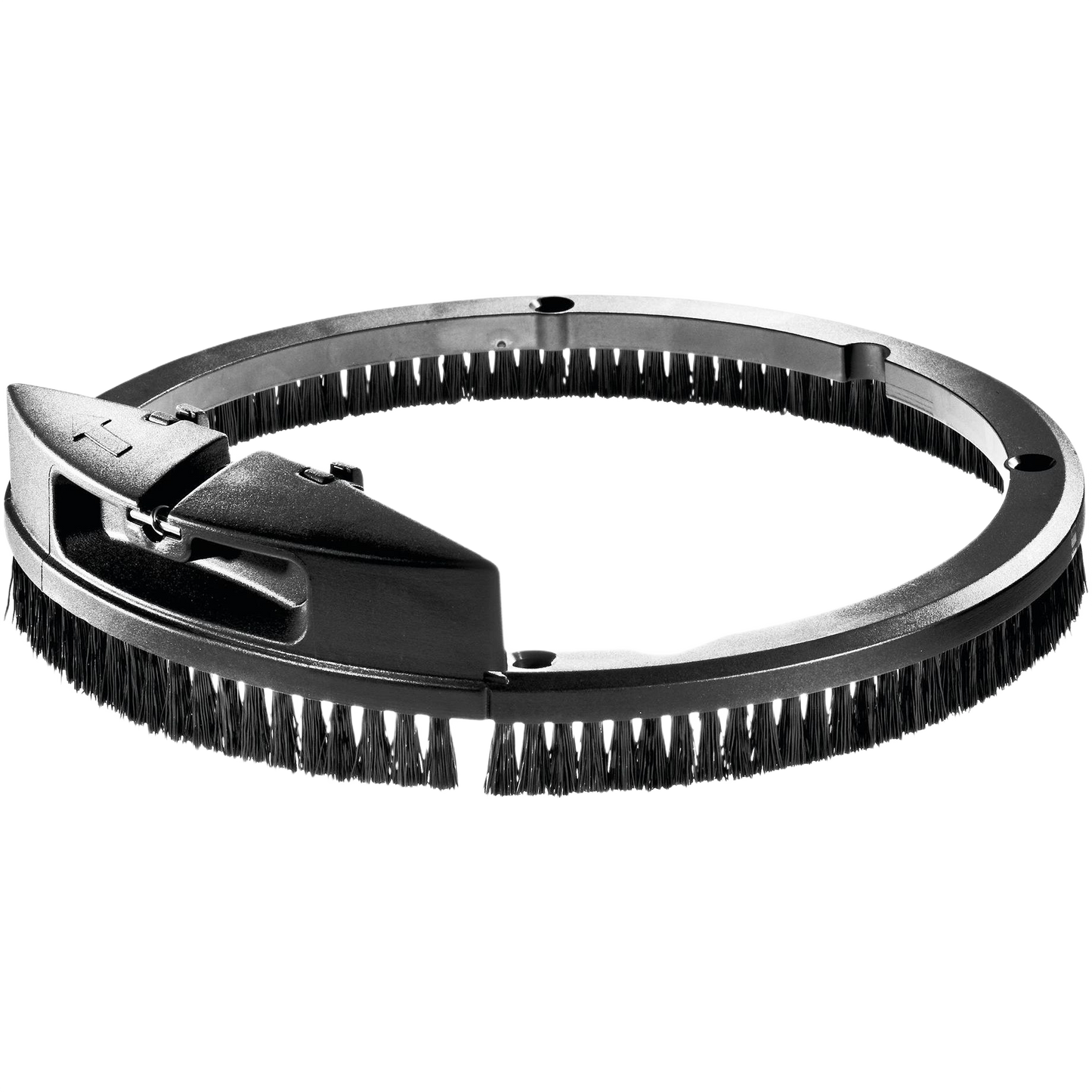 Circular black brush ring attachment designed for enhanced dust extraction in woodworking power tool accessories collections