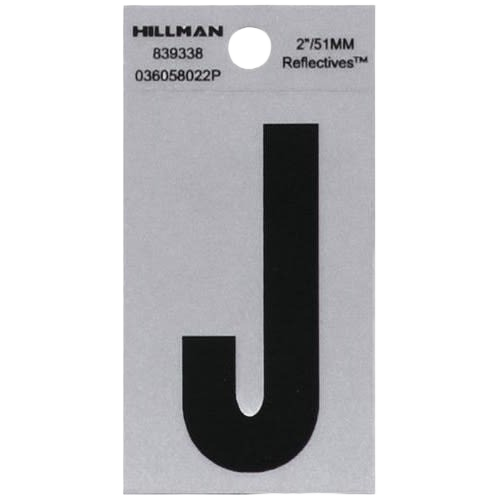 Black reflective mylar square-cut letter J sticker for home improvement and tool labeling applications