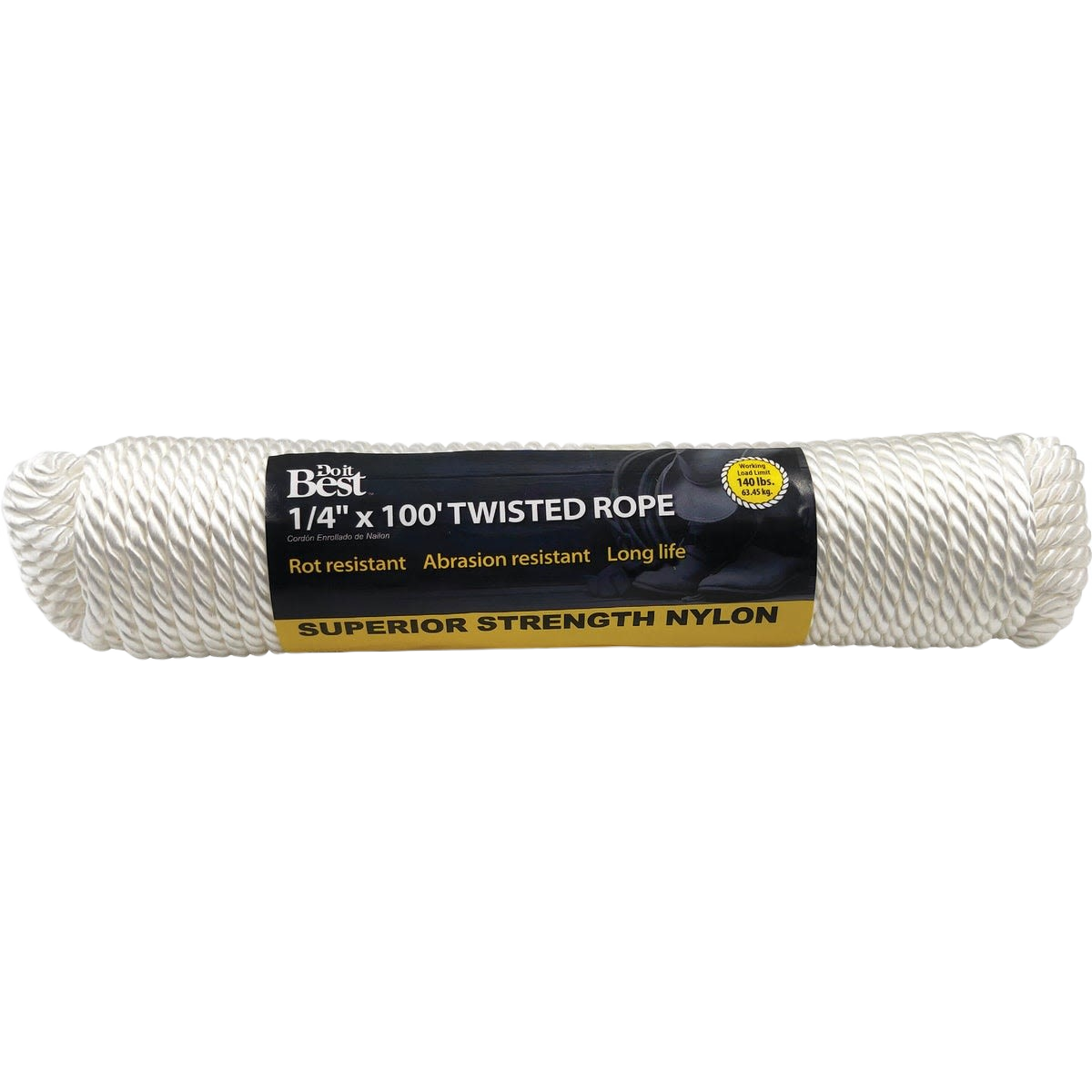 Roll of white twisted nylon rope measuring 1/4 inch by 100 feet for durable home improvement use