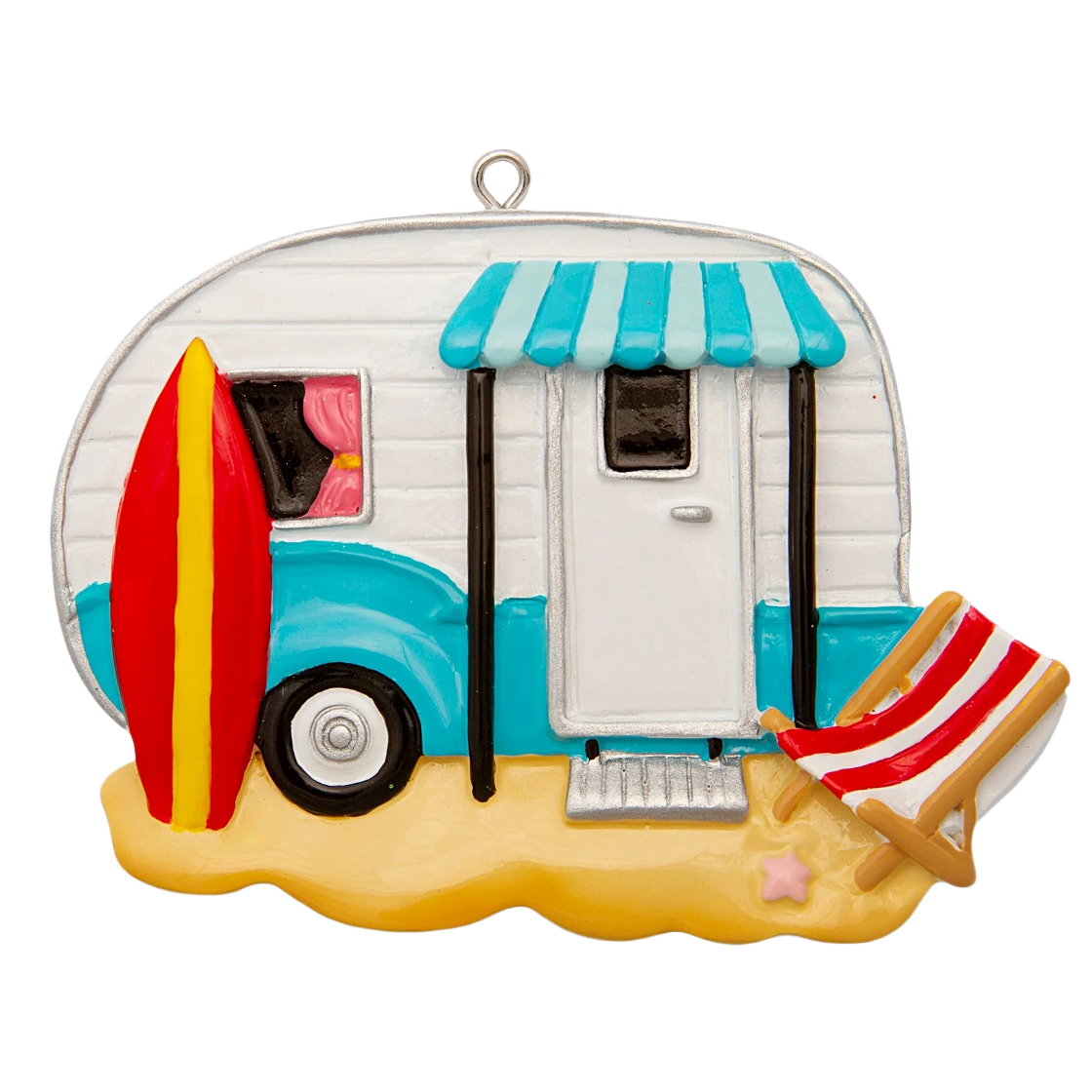 Beach camper ornament with turquoise accents, striped beach chair, and red surfboard in Christmas Ornaments collection under $50