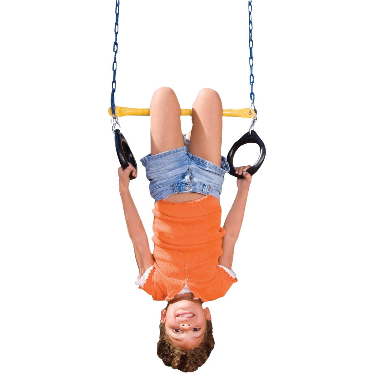 Child hanging upside down on durable yellow trapeze bar with heavy-duty black rings for outdoor living and lawn fun under $50 collection