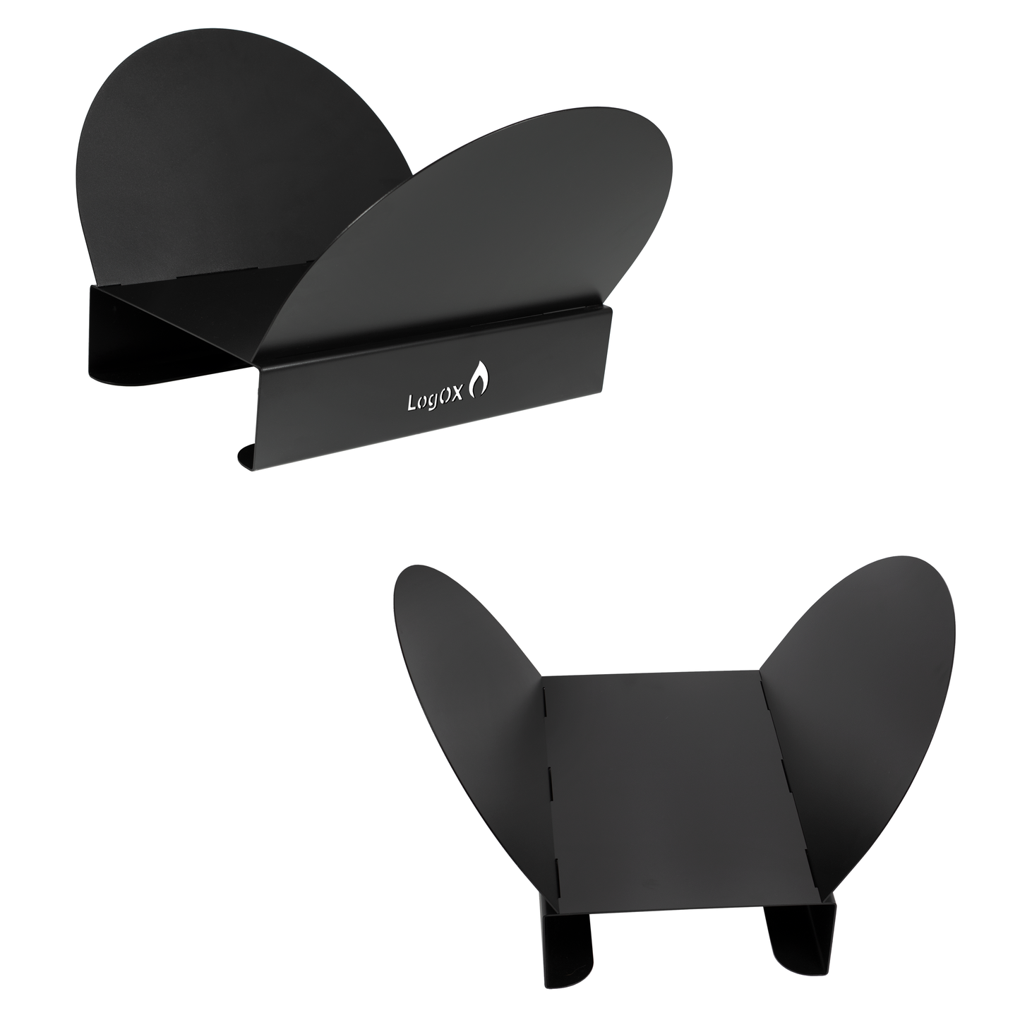 Black metal firewood rack base with curved side panels for stable, efficient hearth wood storage and organization