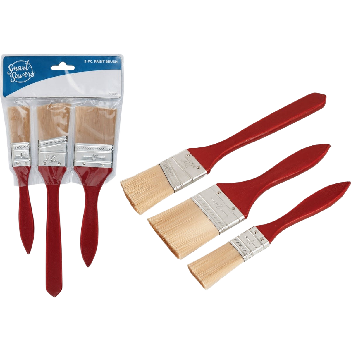 Three flat polyester paint brushes with red handles in 1, 1.5, and 2-inch sizes with packaging for home improvement tools