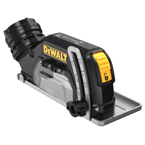 Black and yellow DEWALT dust extraction attachment with clear angle guide and adjustable depth settings for woodworking power tools and home improvement projects.