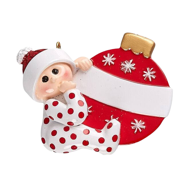 Baby figurine in white pajamas with red polka dots holding a large red Christmas ornament with snowflakes under $50 collection