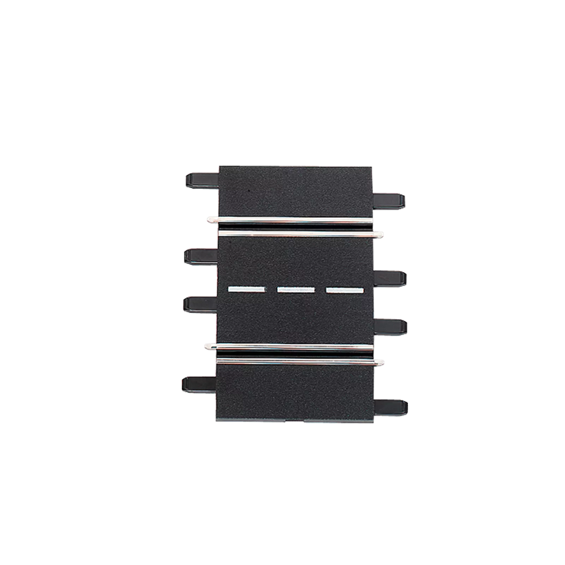 Two-piece set of black modular slot car track straights with white dashed centerlines for home improvement use