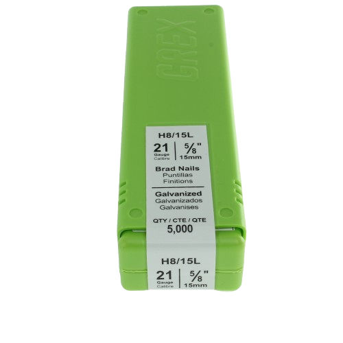 Green plastic storage container holding 5,000 galvanized 21-gauge 5/8 inch brad nails for fasteners and hardware projects