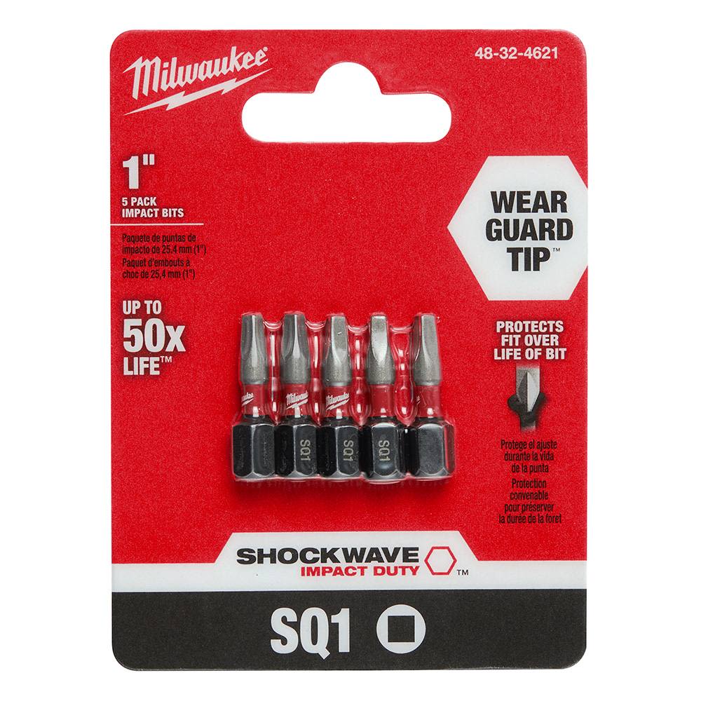 Pack of five Milwaukee SHOCKWAVE impact duty 1-inch square insert bits for power tool accessories.