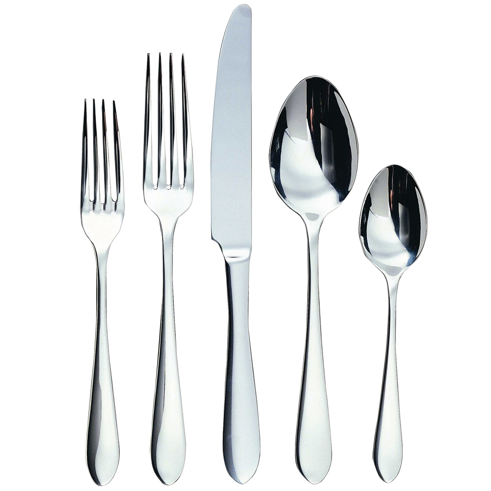 Polished silver flatware set with knife, forks, and spoons featuring elegant leaf-inspired pointed tips in tableware collection