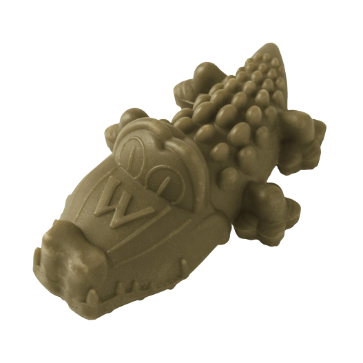 Small green alligator-shaped dental dog chew treat designed to promote fresh breath and healthy teeth