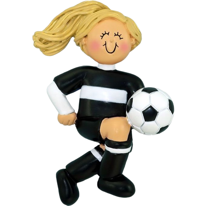 Blonde female soccer player in black and white uniform holding ball for Christmas tree decoration under $50 collection