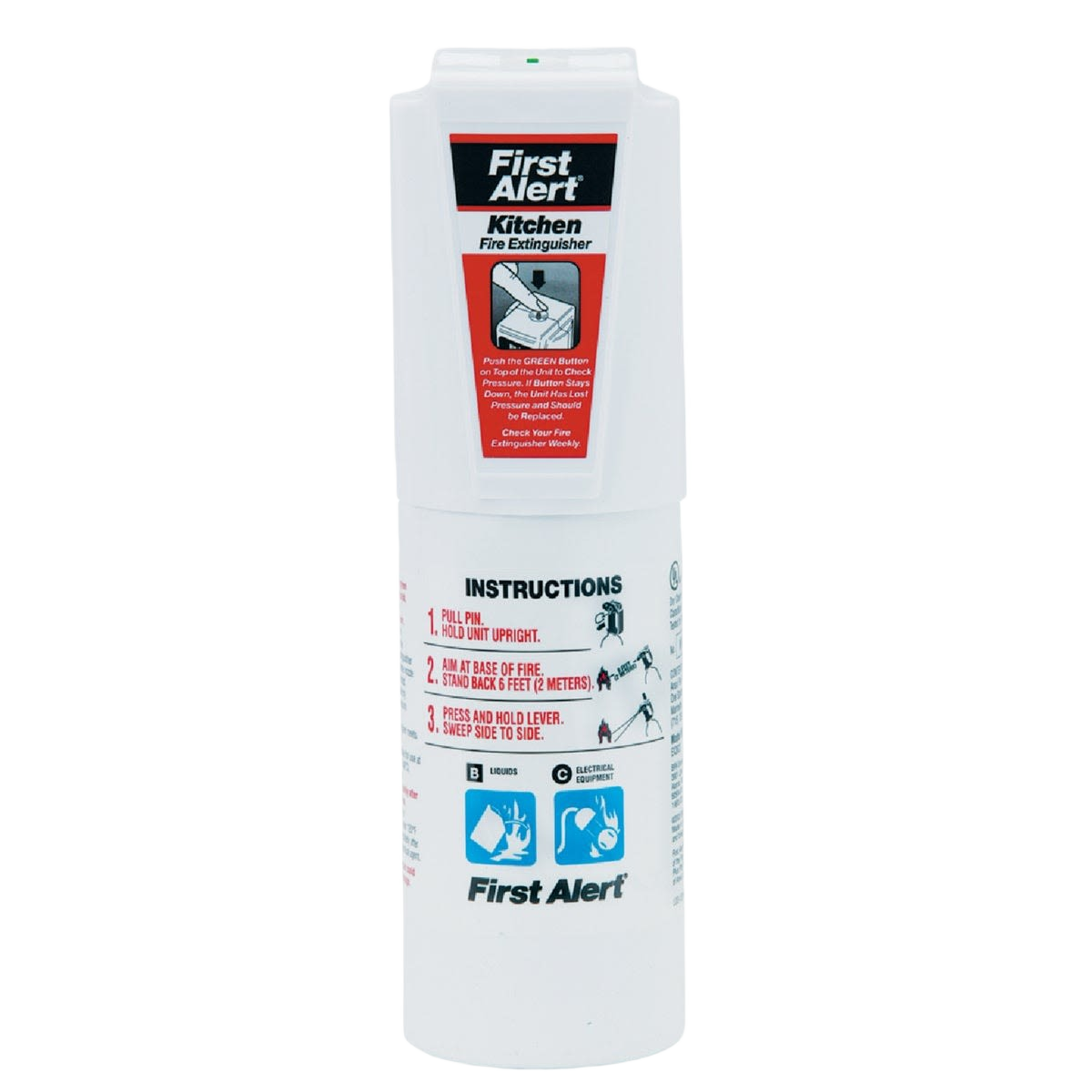 Compact white kitchen fire extinguisher by First Alert with clear usage instructions for home safety and emergency fire control