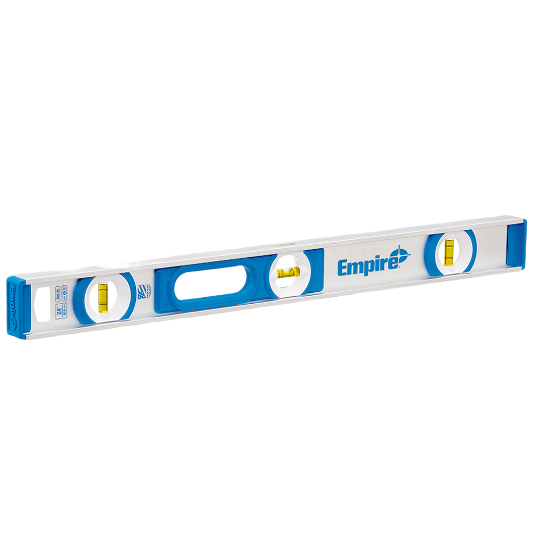 Blue and white aluminum I-beam level with high contrast vials for accurate measurement in hand and woodworking tools collections