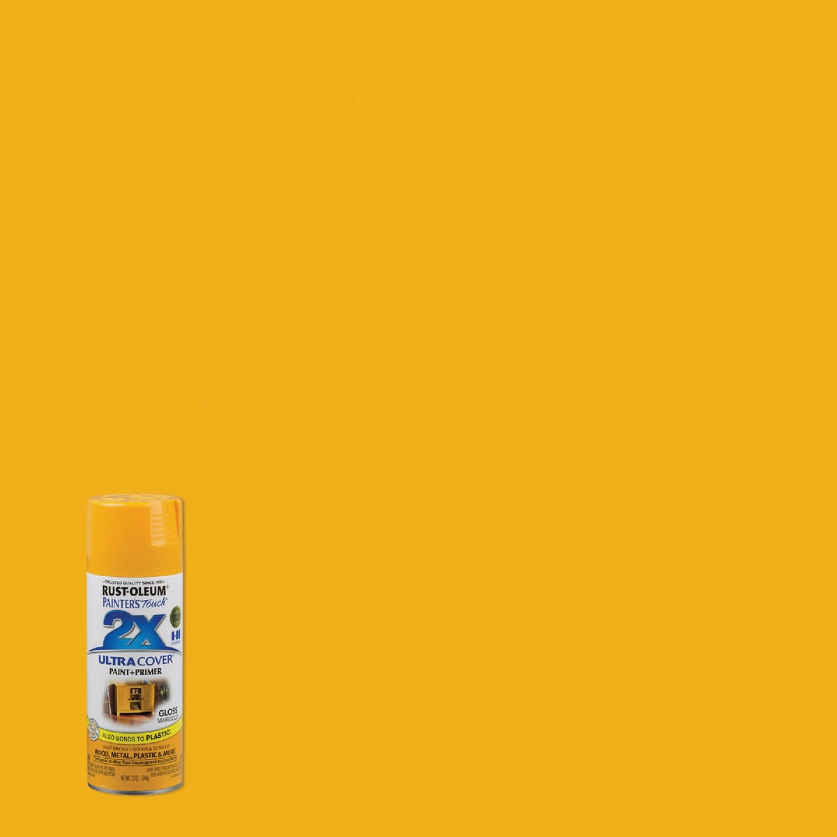 Glossy marigold spray paint can on bright yellow background for home improvement and Rust Oleum collections