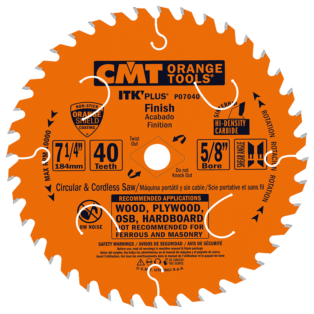 CMT Orange Tools Itk-Plus® Finish 7-1/4”X5/8”<> T=40 Atb+Shear (10-Pc. Bulk Masterpack)