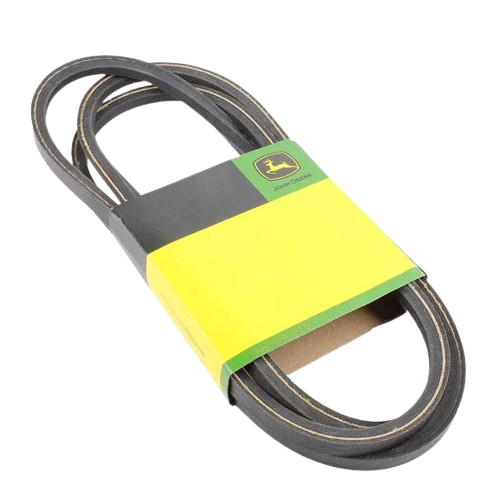 Black rubber mower drive belt with green and yellow John Deere branded packaging for tools and home improvement