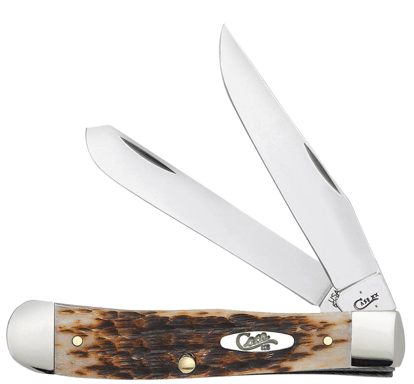 Trapper pocket knife with amber peach seed jig handle and polished stainless steel blades for cutting tasks