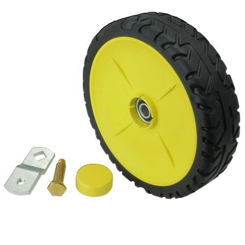 Yellow and black front wheel with mounting hardware components for outdoor equipment maintenance and repair tasks
