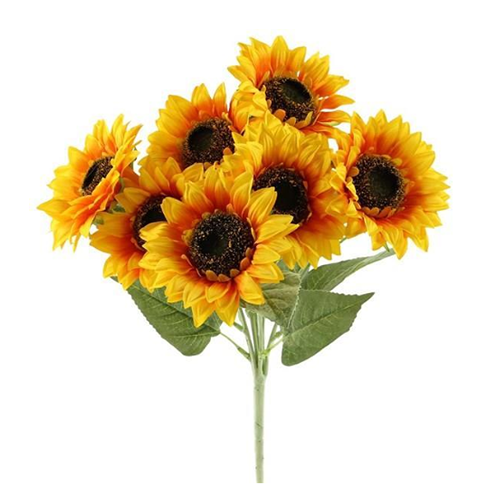Artificial yellow sunflower bush with multiple vibrant blooms and green leaves for decorative use