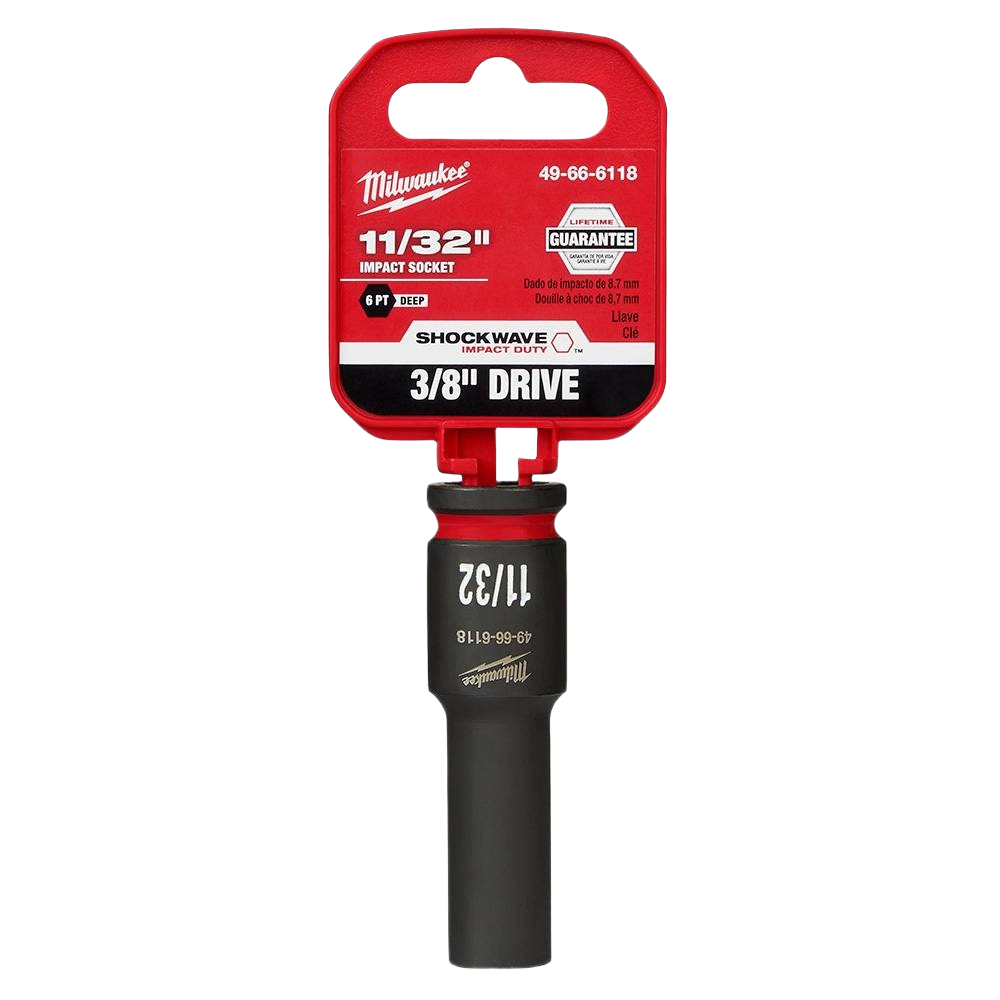 Black forged steel 11/32 deep 6-point impact socket with 3/8 drive, part of Milwaukee hand tools for home improvement.