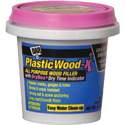 Container of all purpose wood filler with dry time indicator for home improvement repairs and water cleanup