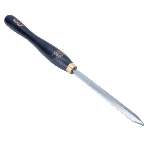 Woodworking parting tool with ergonomic dark wooden handle and precision diamond-edged blade for fine craftsmanship tasks