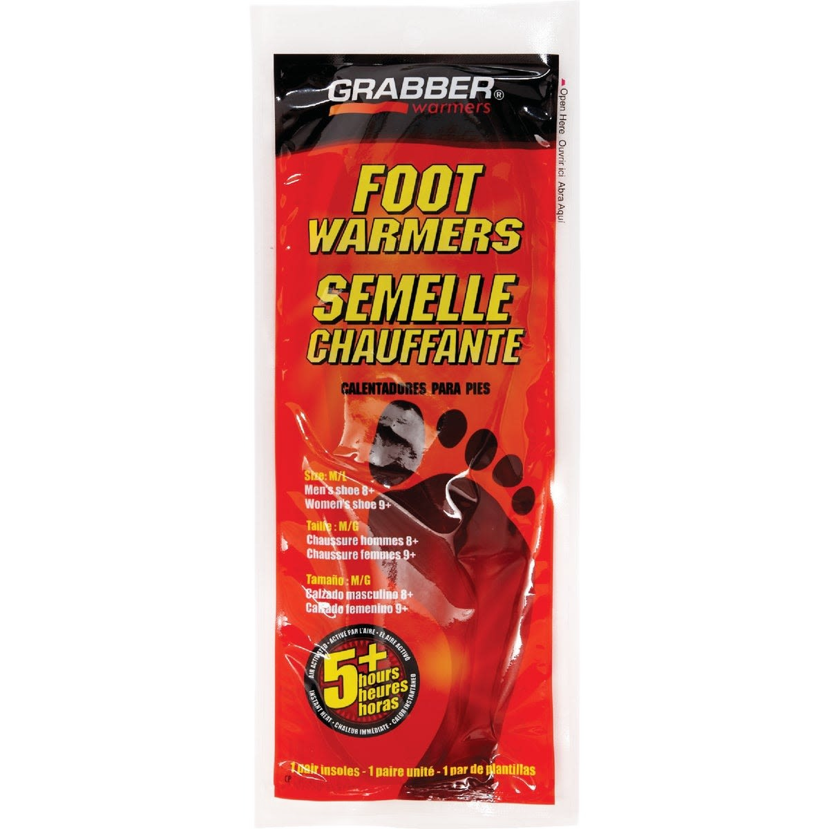 Red and black packaging of a foot warmer product designed for extended heat relief during cold weather.
