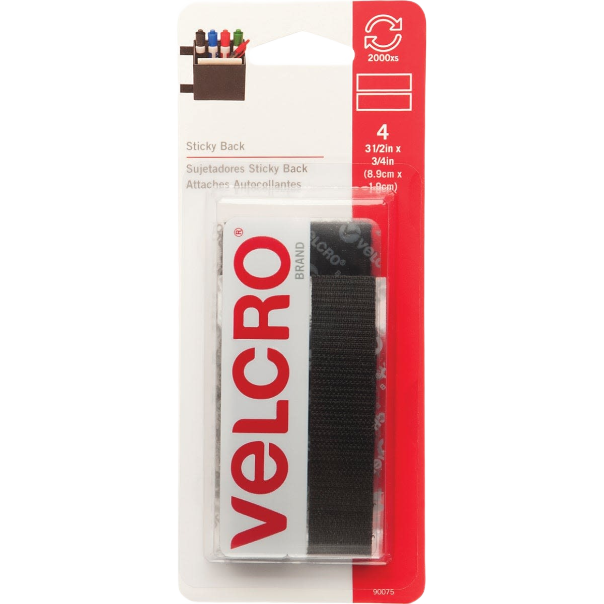 VELCRO Brand Black Hook & Loop Strip, 3/4 x 3-1/2 in.