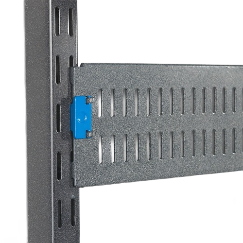 Grey metal storage panel secured with a blue locking spanner on perforated vertical garage storage rail system
