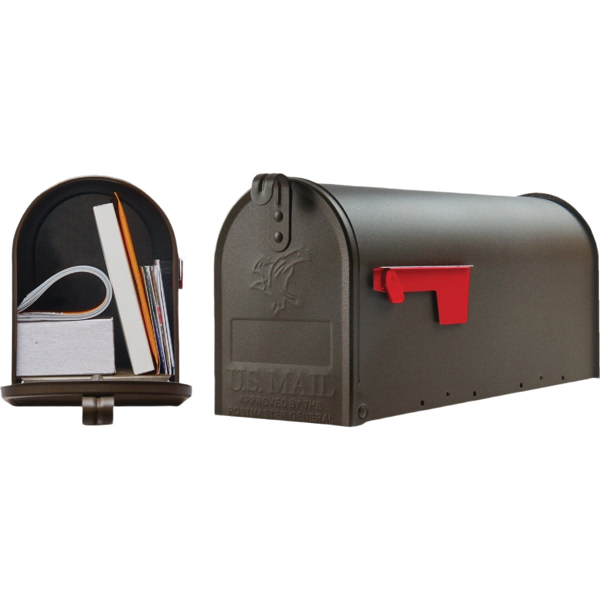 Bronze rural post mount mailbox with red flag and open view showing mail and magazines inside