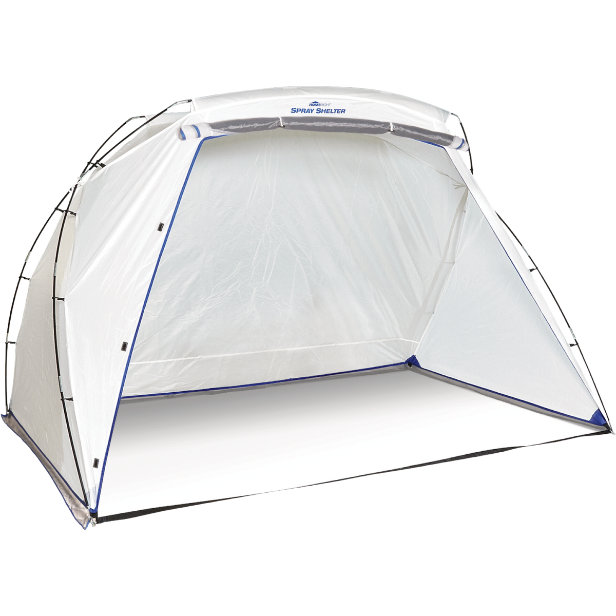 Large white portable spray shelter tent with blue trim for paint sprayers and home improvement projects