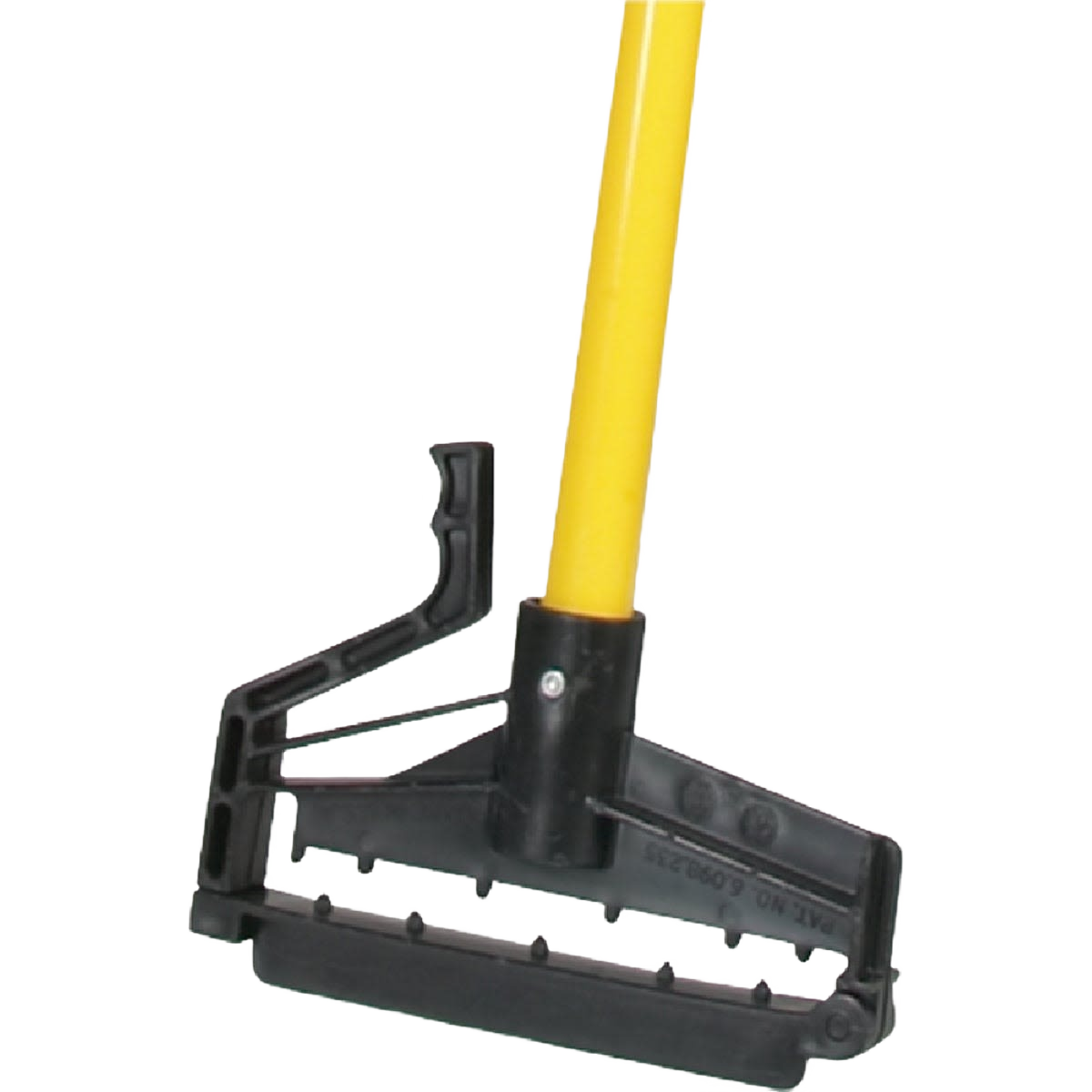 Yellow fiberglass handle attached to a black durable mop head frame for commercial cleaning and home improvement tasks