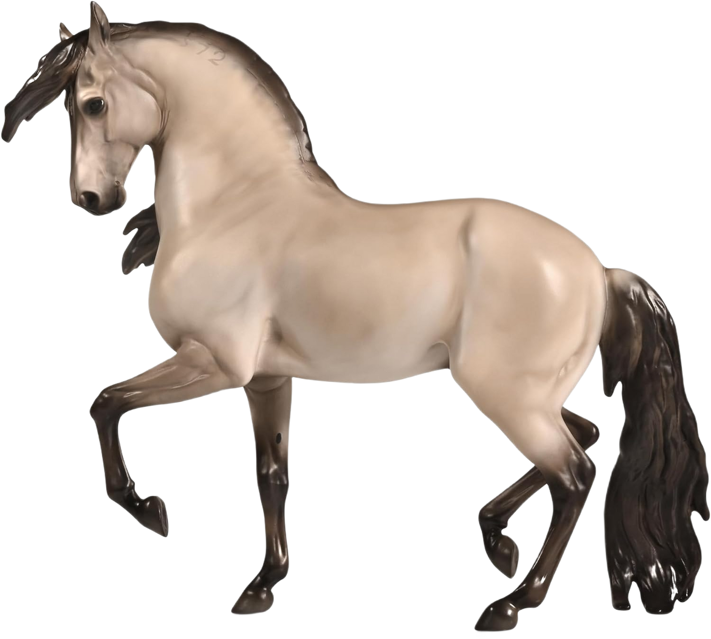 Detailed model horse in mid-stride pose with cream coat and dark mane and tail from Breyer Toys collection