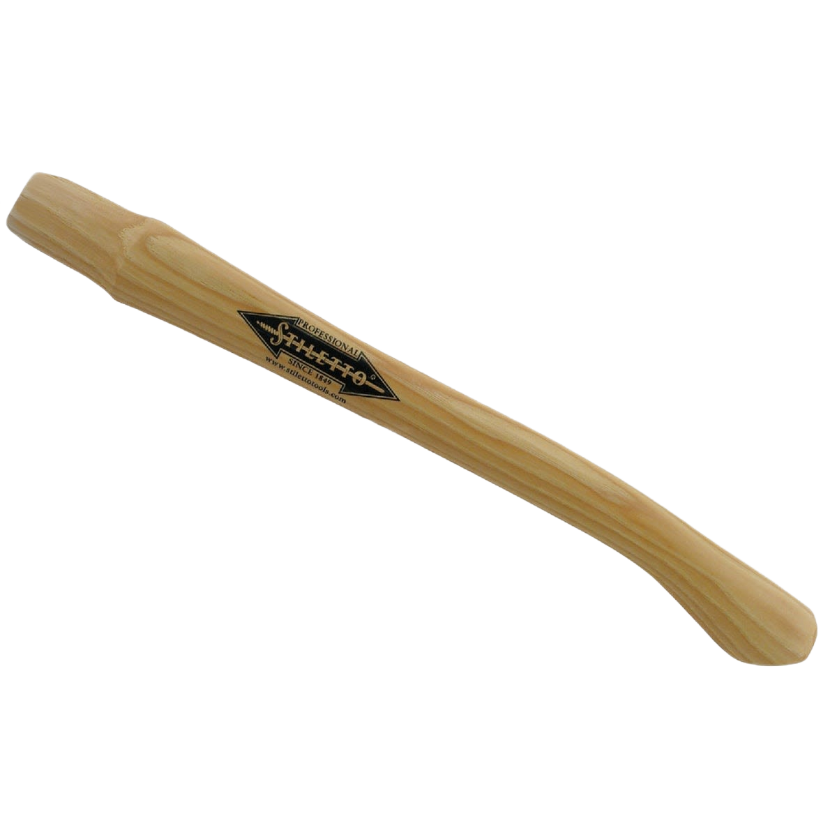 Curved hickory hammer handle with smooth finish and branded label for framing and home improvement tools