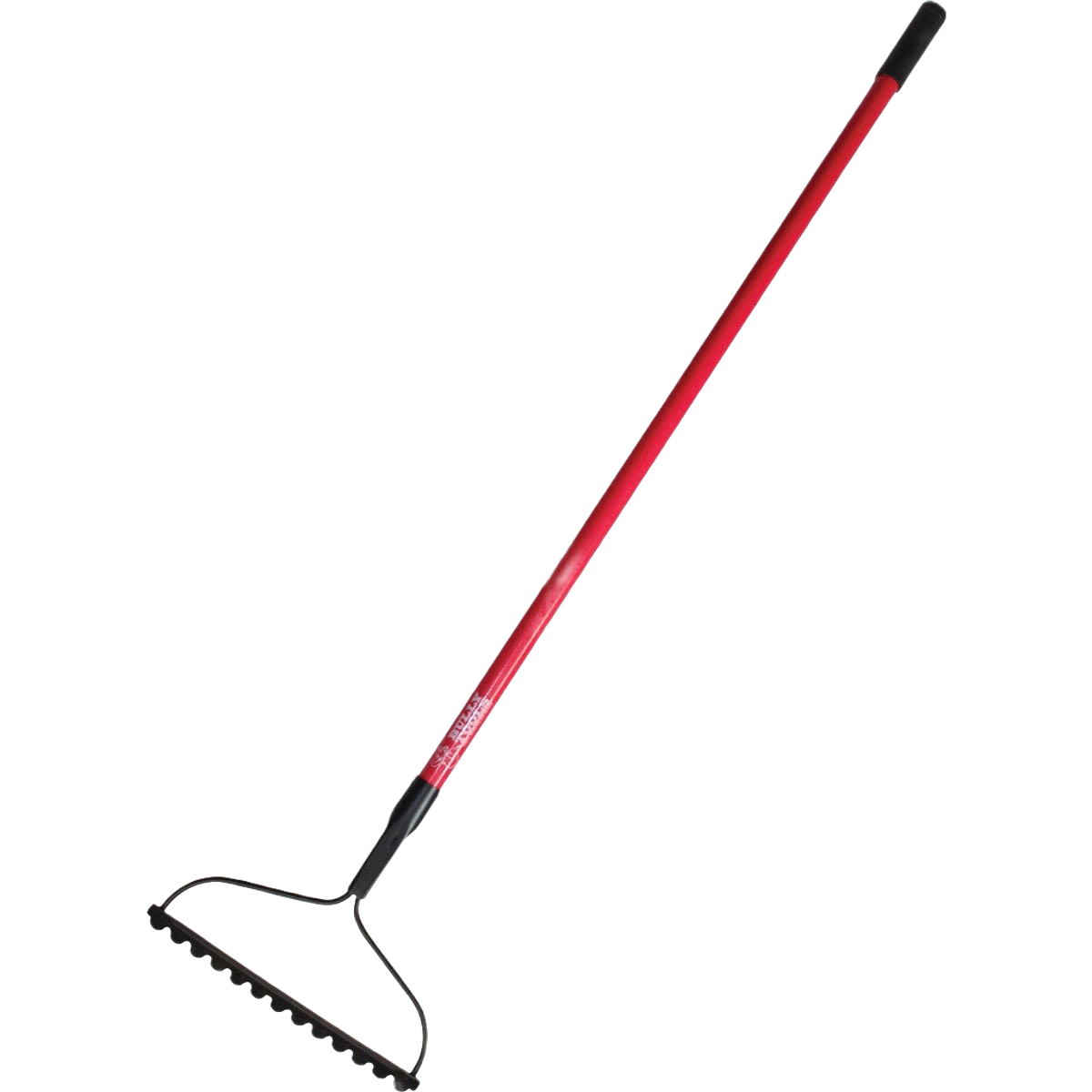 Red fiberglass handle bow rake with metal tines for landscaping and gardening tasks in home improvement projects