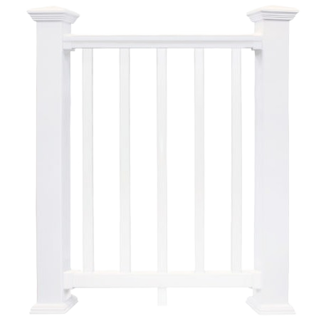 White vinyl railing section with square balusters and decorative posts for home improvement projects