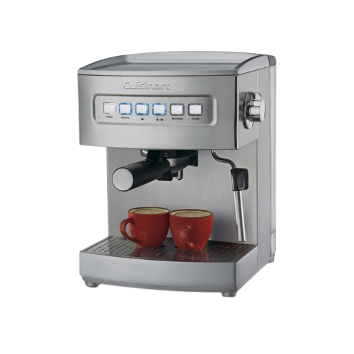 Stainless steel espresso maker with programmable buttons and steam wand brewing two drinks in red cups