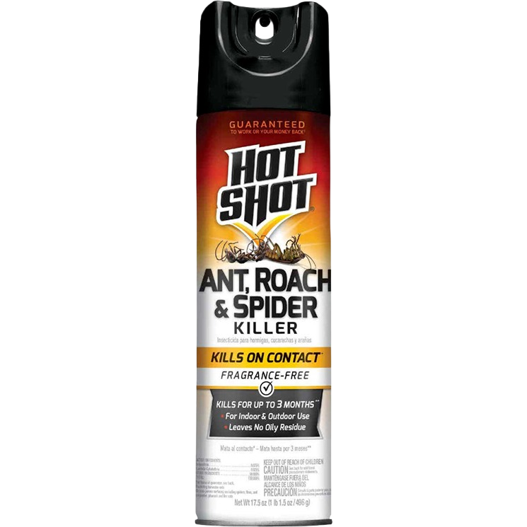 Aerosol spray can of Hot Shot insect killer designed for ants, roaches, and spiders in pest control category