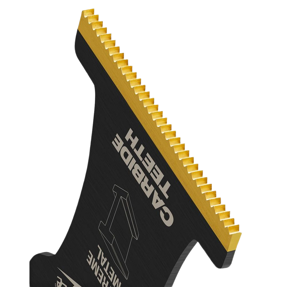 Metal cutting blade with gold carbide teeth and cut-away body for fast plunge cuts in power tool accessories and home improvement tasks