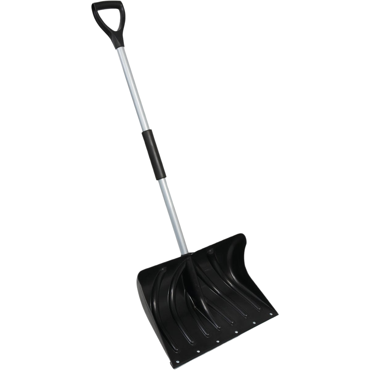 Black poly snow shovel with silver steel handle and cushion grip for snow and ice removal in garden tools collection under $50