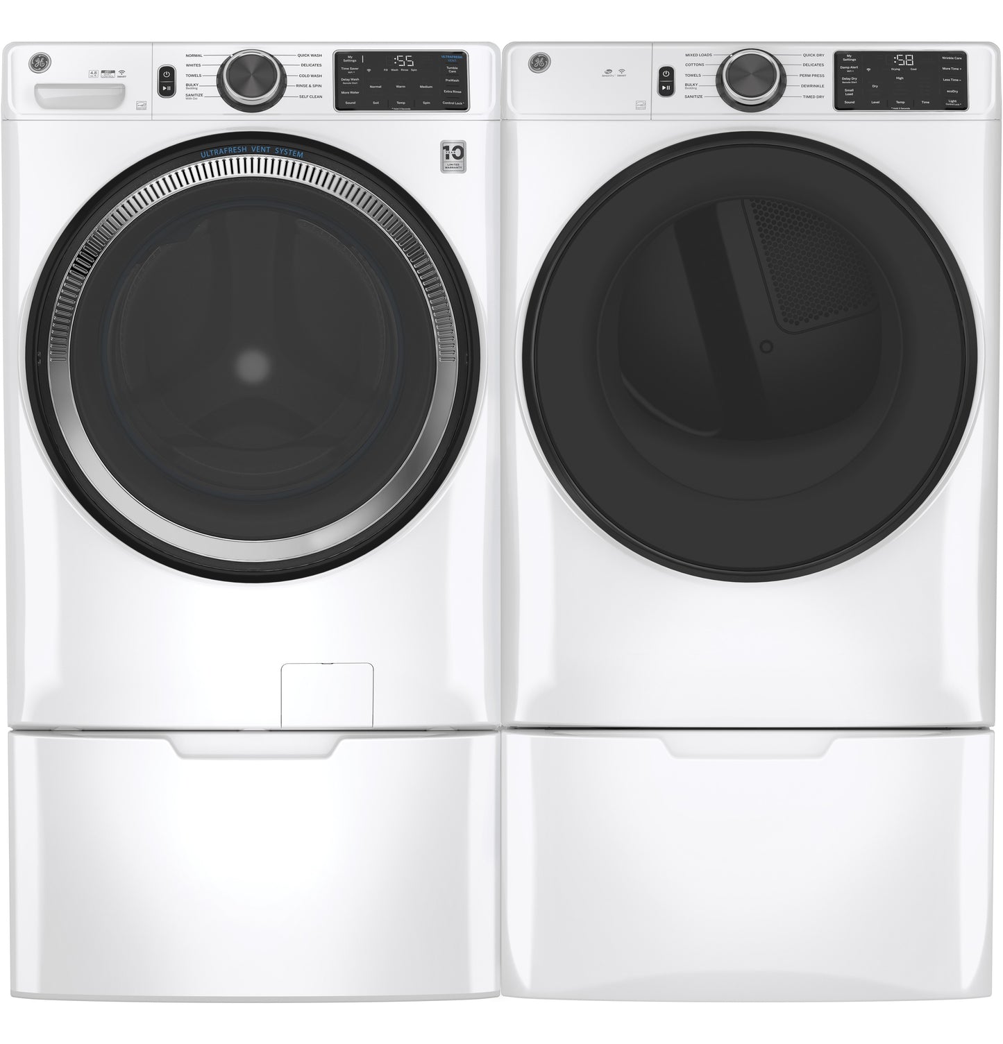 White front-load washer and dryer set on matching laundry pedestals for home improvement and appliance parts accessories