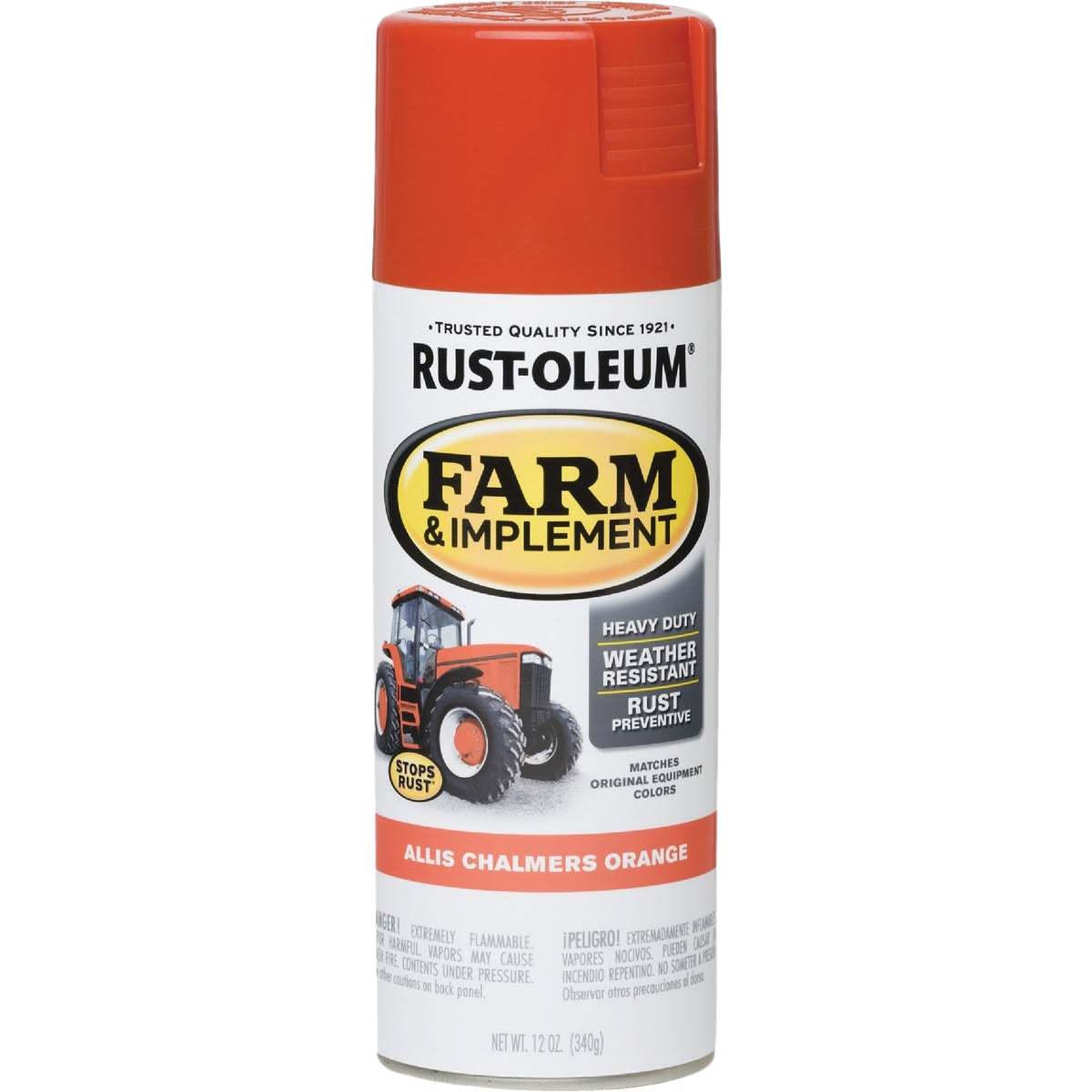 12 oz. Rust-Oleum spray paint in Allis Chalmers orange for farm equipment, rust-preventive and weather resistant coating