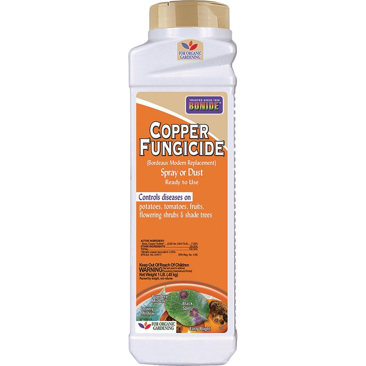 White container of copper fungicide granules for plant care and lawn garden use under $50