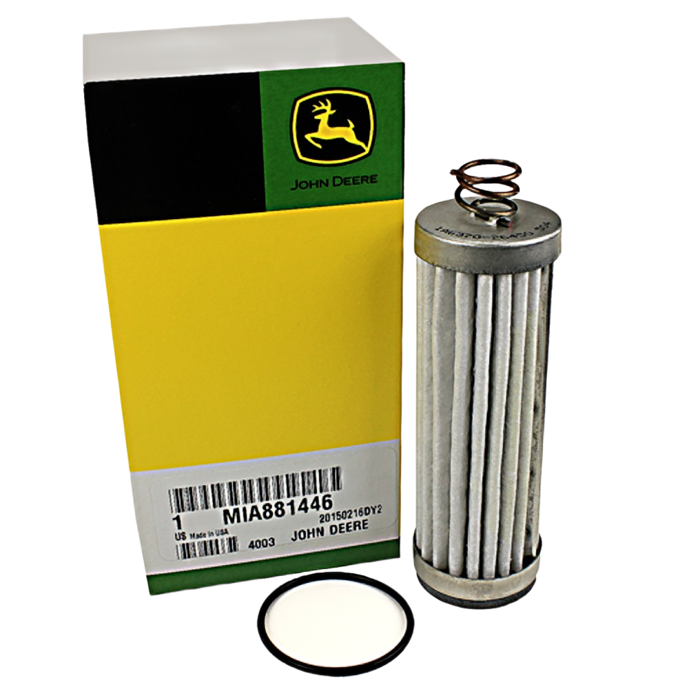 Transmission oil filter cartridge with spring and gasket beside John Deere branded green and yellow box for automotive lubrication supplies