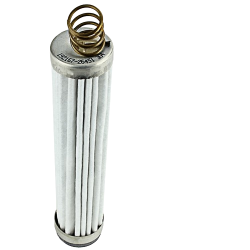 Cylindrical white pleated oil filter element with metal caps and coil spring for transmission maintenance tasks