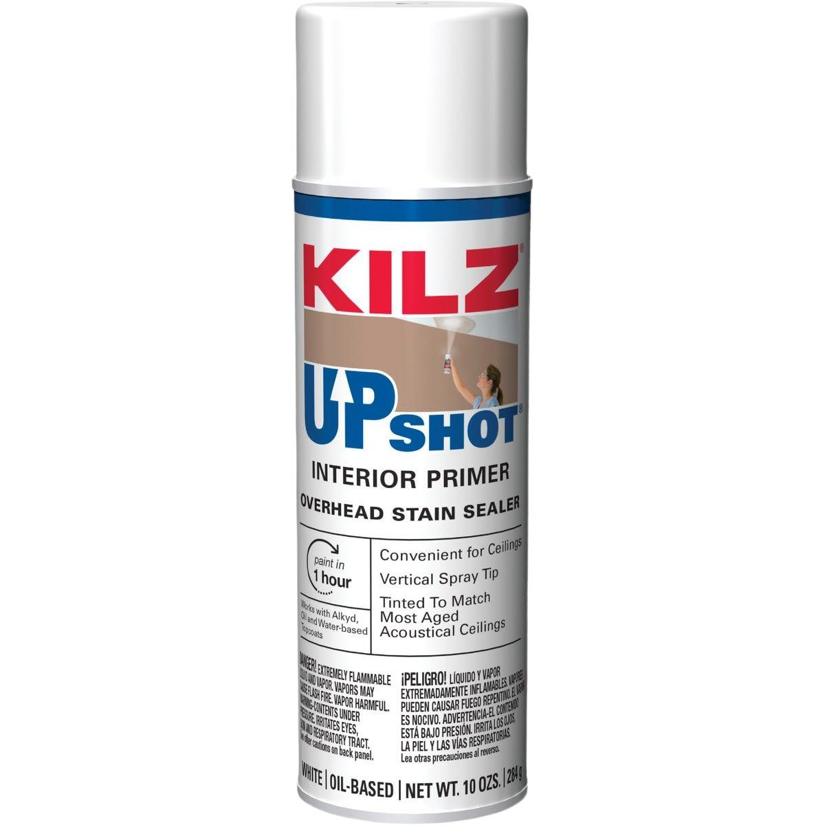White oil-based interior primer spray with vertical tip for overhead stain sealing in home improvement projects