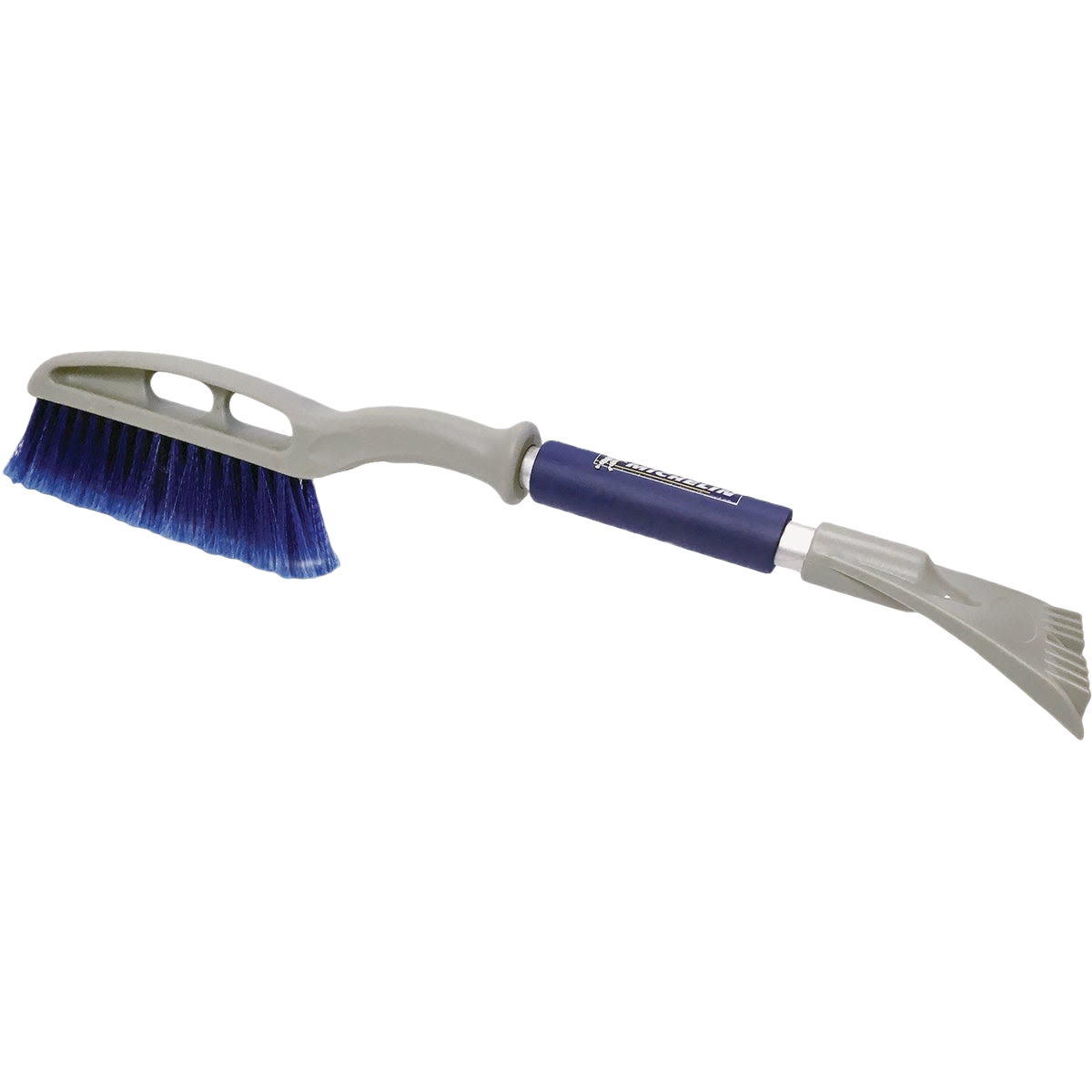 Plastic snowbrush with blue bristles and integrated ice scraper designed for automotive and outdoor snow removal tasks under $50
